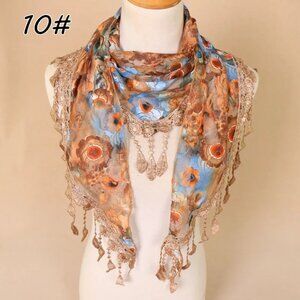 2/$30 Boho Floral Lace Fringe Scarf Shawl Wrap Lightweight Sheer Vintage Style